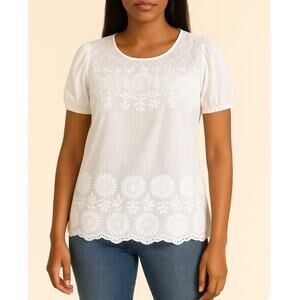 Anthropologie Kindred Womens Blouse Floral Embroidery white boxy gauze NEW SZ L